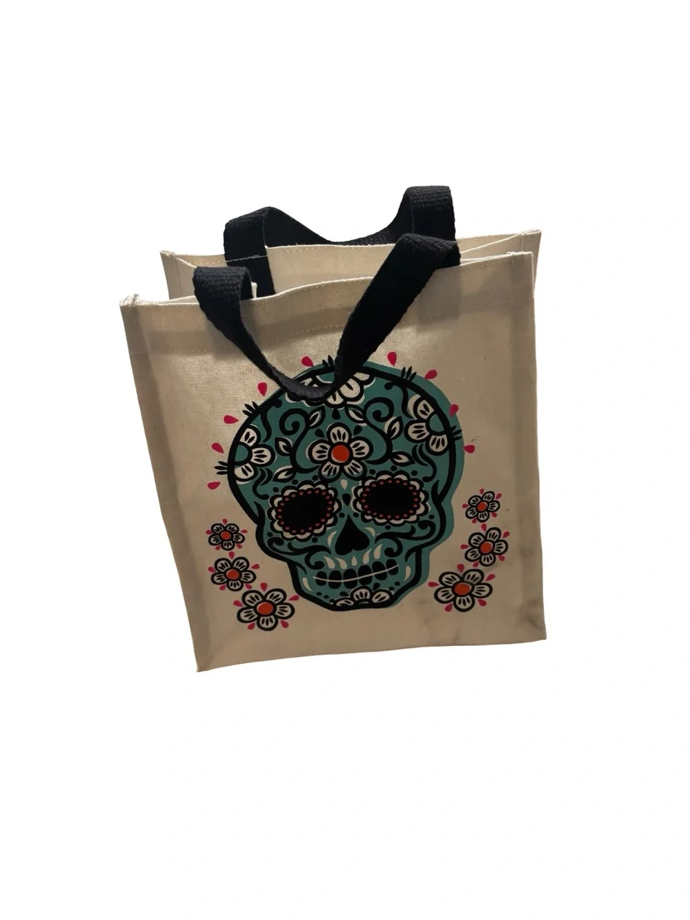 Sugar Skull Canvas Tote Bag in Teal and Black